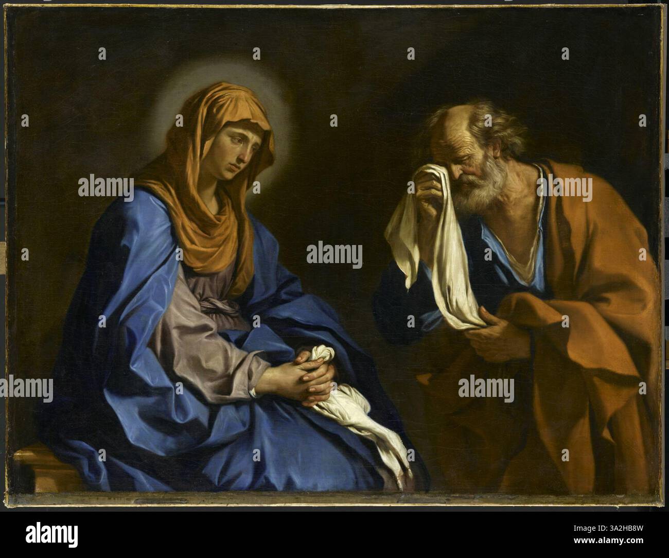 „Les Larmes de saint Pierre“ von Guercino schildert den emotionalen Moment der Tränen des Heiligen Petrus nach der Verleugnung Christi. Der Barock-Stil fängt tiefe emotionale Intensität und religiöse Symbolik durch lebendige Details und leichte Kontraste ein. Stockfoto