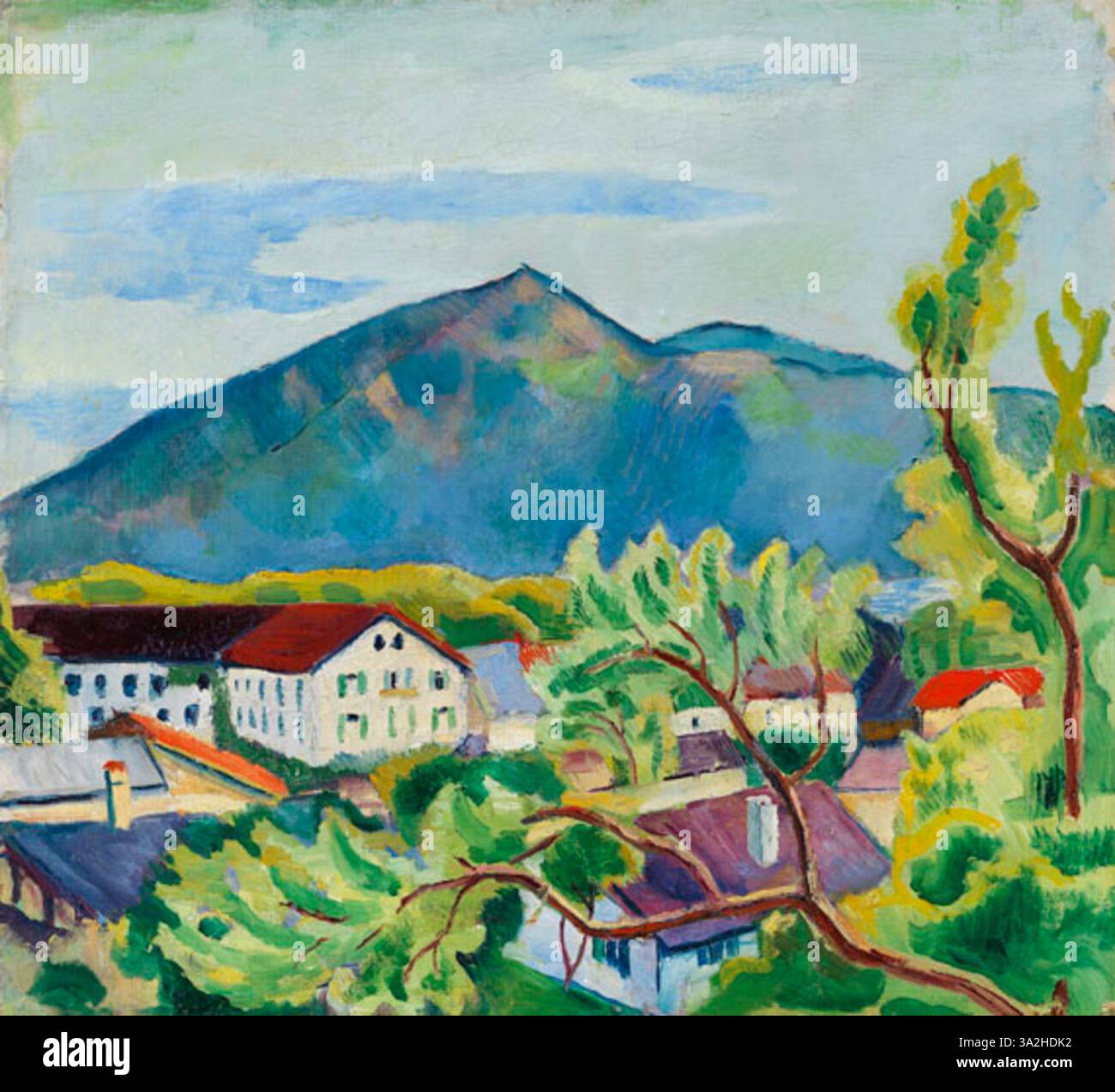 Frühlingslandschaft in Tegernsee von August Macke fängt die lebhafte Frühlingsatmosphäre in der Region Tegernsee ein. Das Kunstwerk zeigt die üppige, natürliche Umgebung mit satten Farbkontrasten. Stockfoto