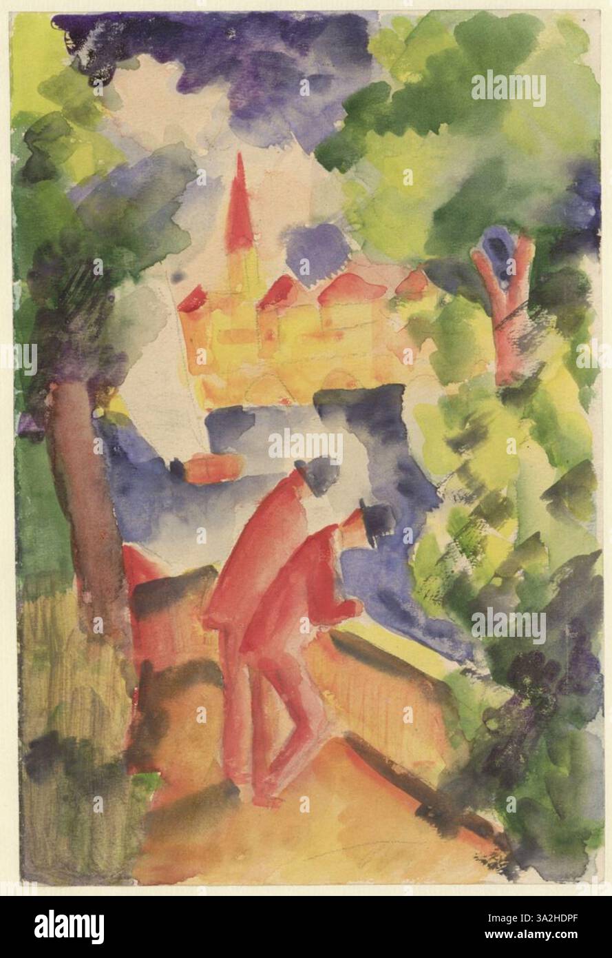 August Mackes Gemälde zeigt Männer, die auf einer Straße in der Nähe eines Sees spazieren gehen, geprägt von lebhaften Farben und dynamischen Pinselarbeiten. Die Szene vermittelt ein Gefühl des friedlichen Alltags mit einem Schwerpunkt auf Farbe und Harmonie. Stockfoto