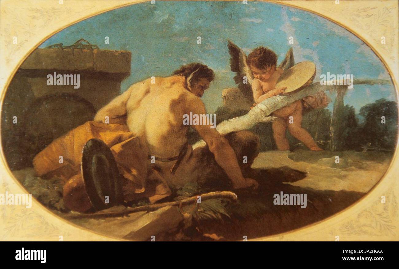 „Satyr and Cupid“ von Giovanni Battista Tiepolo zeigt die mythologischen Figuren von Satyr und Cupid und veranschaulicht die spielerische Interaktion zwischen diesen klassischen Charakteren in einem lebendigen Barockstil. Stockfoto