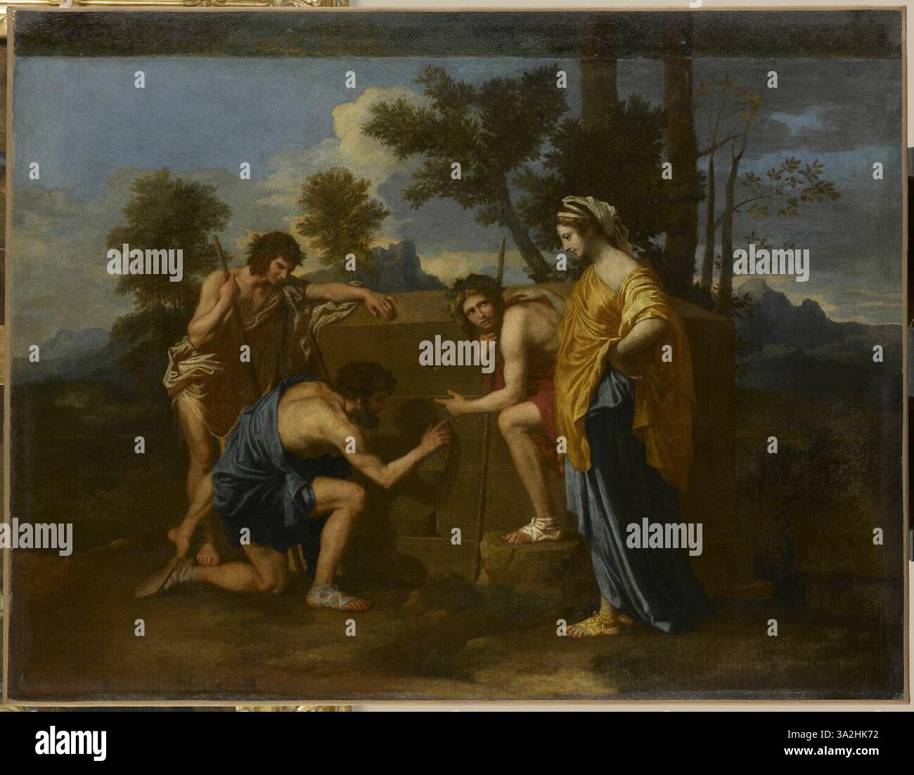 Das Gemälde zeigt eine Pastoralszene mit Hirten in Arcadia, die Themen des Todes und des Verlaufs der Zeit erforscht. Die Inschrift auf dem Grab spiegelt den berühmten Satz „et in Arcadia Ego“ wider, der die vorübergehende Natur des Lebens hervorhebt. Stockfoto