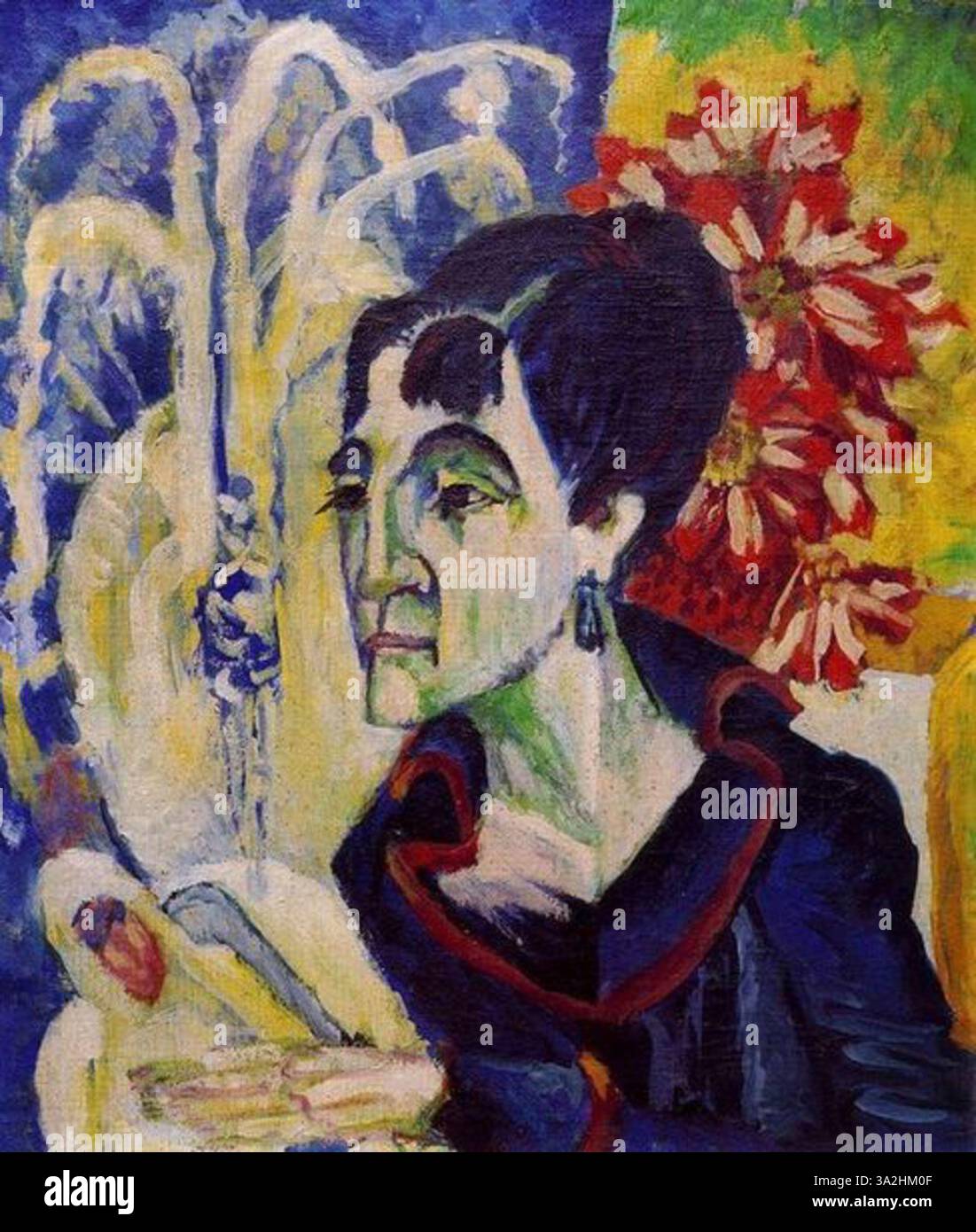 Ein Porträt von Erna, aufgenommen in Kirchners dynamischem, expressionistischem Stil, mit auffälligen Linien und lebhaften Farben, die Stärke und Verletzlichkeit vermitteln. Stockfoto