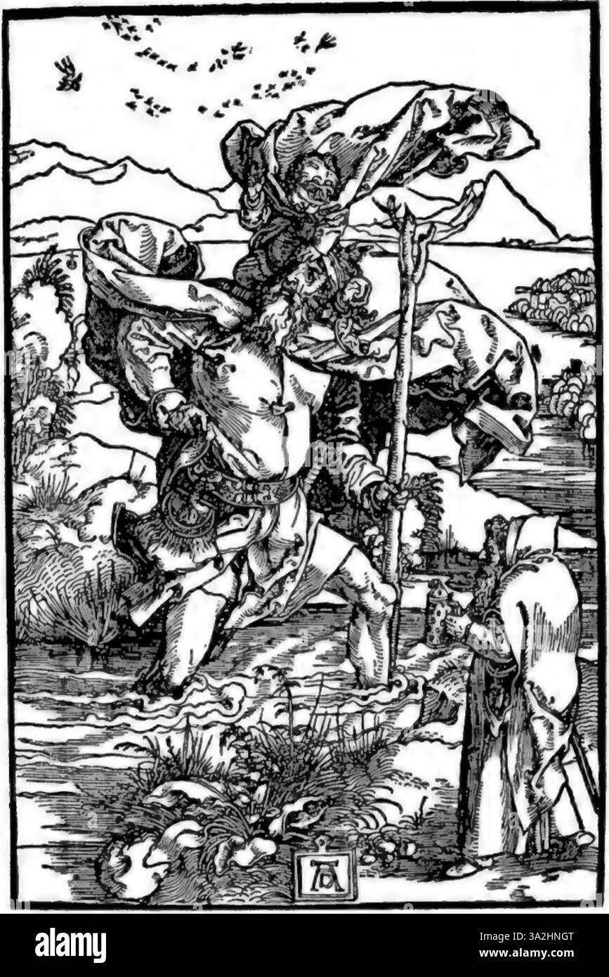 Dieser Stich von Dürer zeigt eine religiöse oder mythologische Szene und zeigt seine feinen Gravurtechniken mit detaillierten Linien und Schattierungen. Stockfoto
