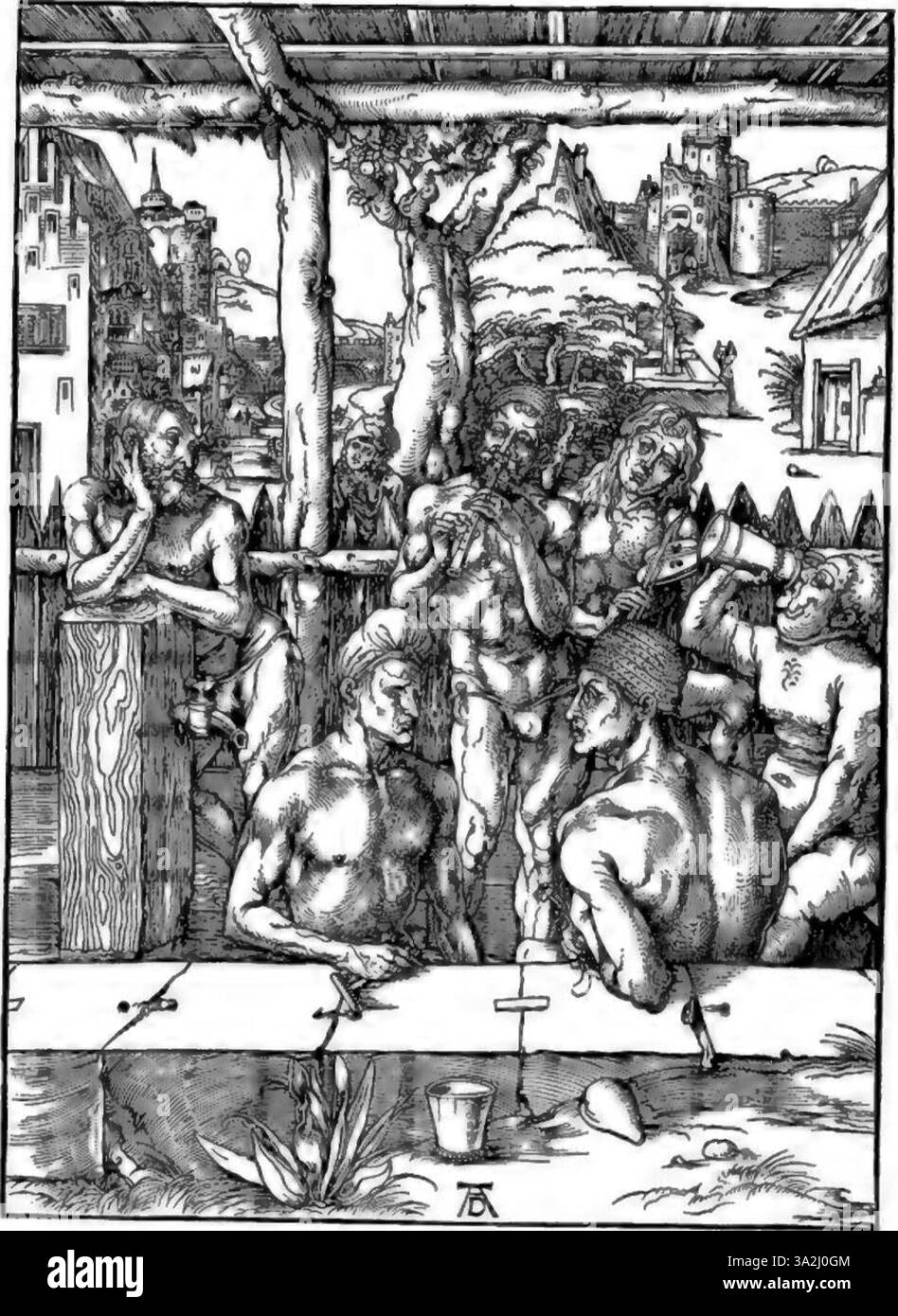 Dieser Gravur von Albrecht Dürer zeigt seine Beherrschung von feinen Liniendetails und Schattierungen und schafft so Tiefe und Textur im Thema. Stockfoto