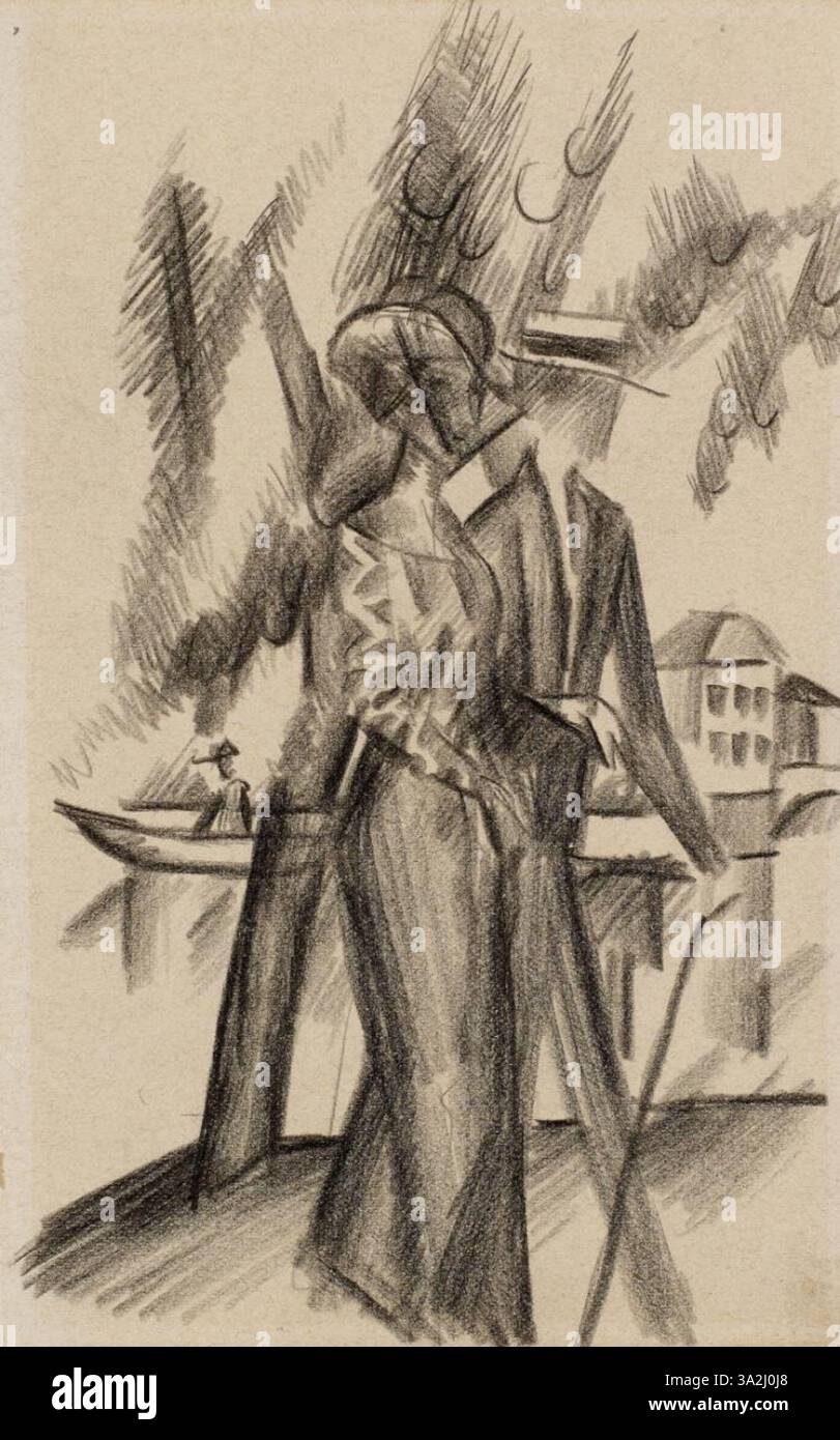 Dieses Gemälde zeigt eine ruhige Flussszene in der Nähe der Aare mit Figuren, die am Wasser spazieren. Die sanften Farben und fließenden Linien betonen die Ruhe der natürlichen Umgebung und die ruhige Interaktion der Menschen mit ihrer Umgebung. Stockfoto