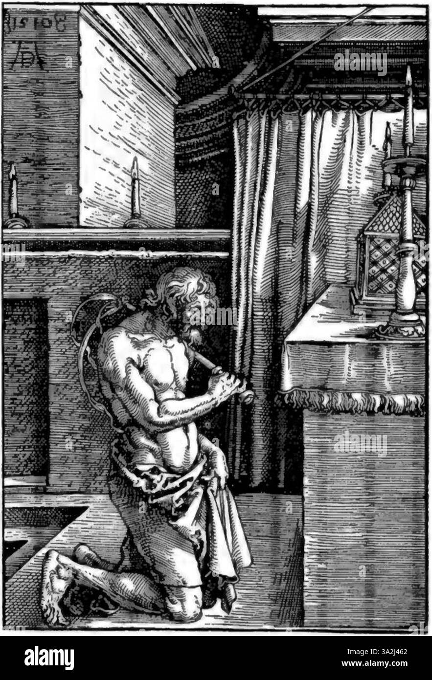 Albrecht Dürers Gravur zeigt gewissenhafte Schattierungen und feine Details und veranschaulicht eine religiöse oder allegorische Szene mit Tiefe und Klarheit. Stockfoto