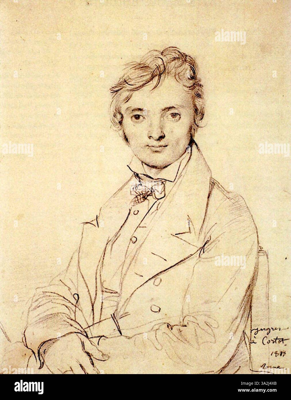 Dieses Porträt von Ingres zeigt Jean Pierre Cortot, einen berühmten französischen Bildhauer, mit viel Liebe zum Detail. Ingres fängt die würdevolle Präsenz und den intellektuellen Ausdruck des Bildhauers ein und unterstreicht seine Bedeutung in der Kunst. Stockfoto