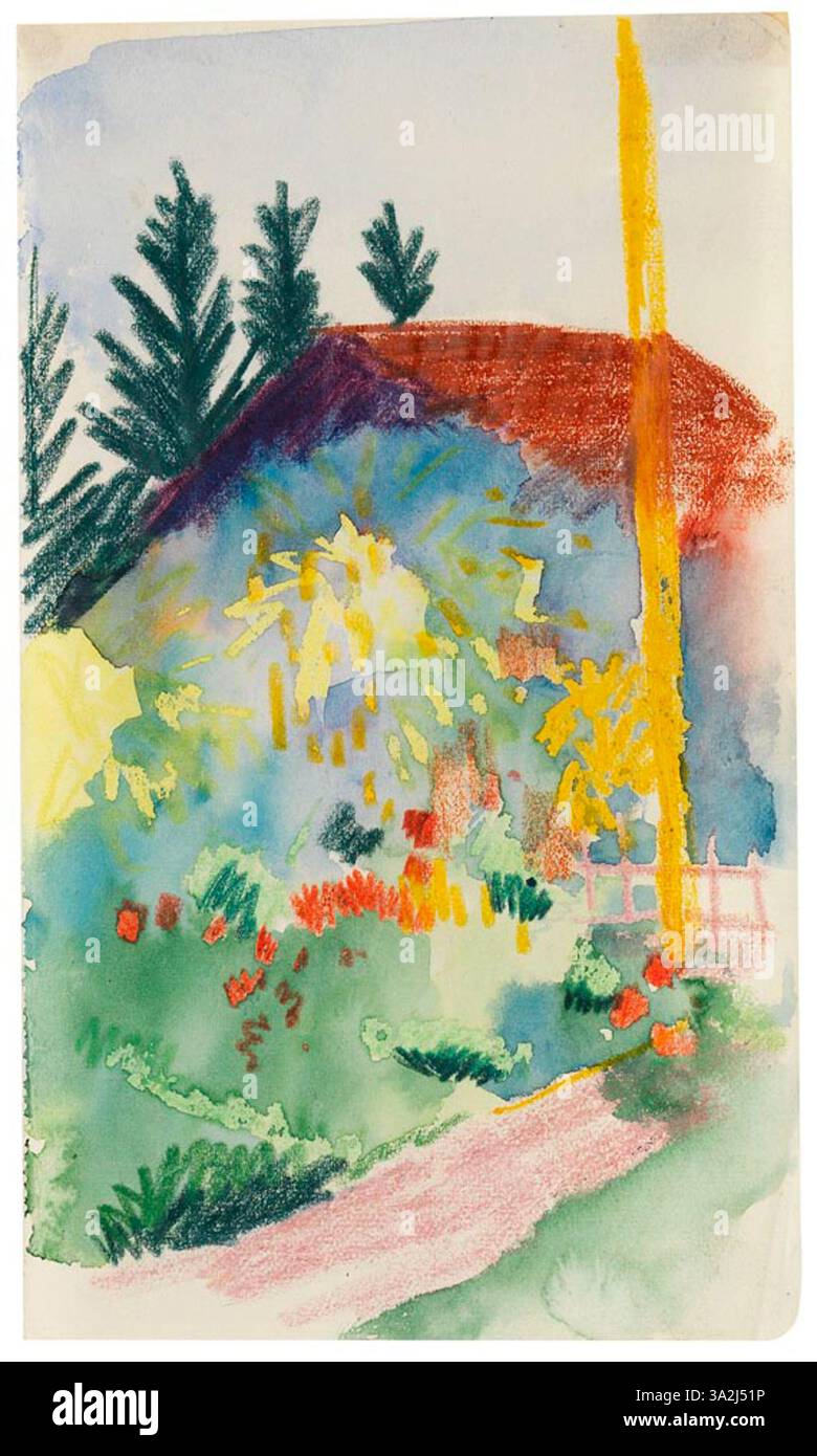 Dieses Gemälde zeigt ein kleines Gartenhaus, das die friedliche Atmosphäre eines ländlichen Rückzugs einfängt. Mackes Verwendung lebendiger Farben und harmonischer Komposition ruft die Ruhe und natürliche Schönheit der Umgebung hervor. Stockfoto