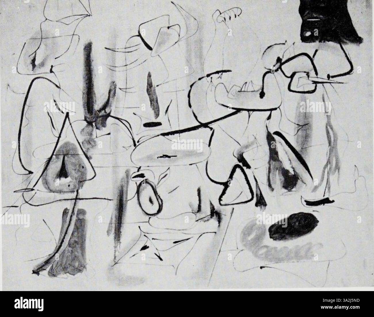 Dieses Stück von Arshile Gorky zeichnet sich durch fließende Formen und dynamische Farbkontraste aus. Die ausdrucksstarken Pinsel und die organische Abstraktion schaffen ein Gefühl von Bewegung und emotionaler Intensität. Stockfoto