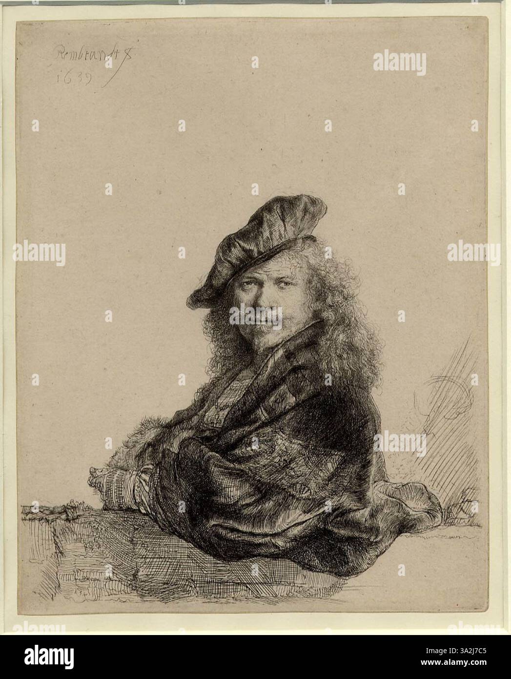 Diese Ätzung von Rembrandt zeigt eine Figur mit scharfen Kontrasten von Hell und Dunkel und unterstreicht die Intensität des emotionalen Ausdrucks des Motivs. Stockfoto