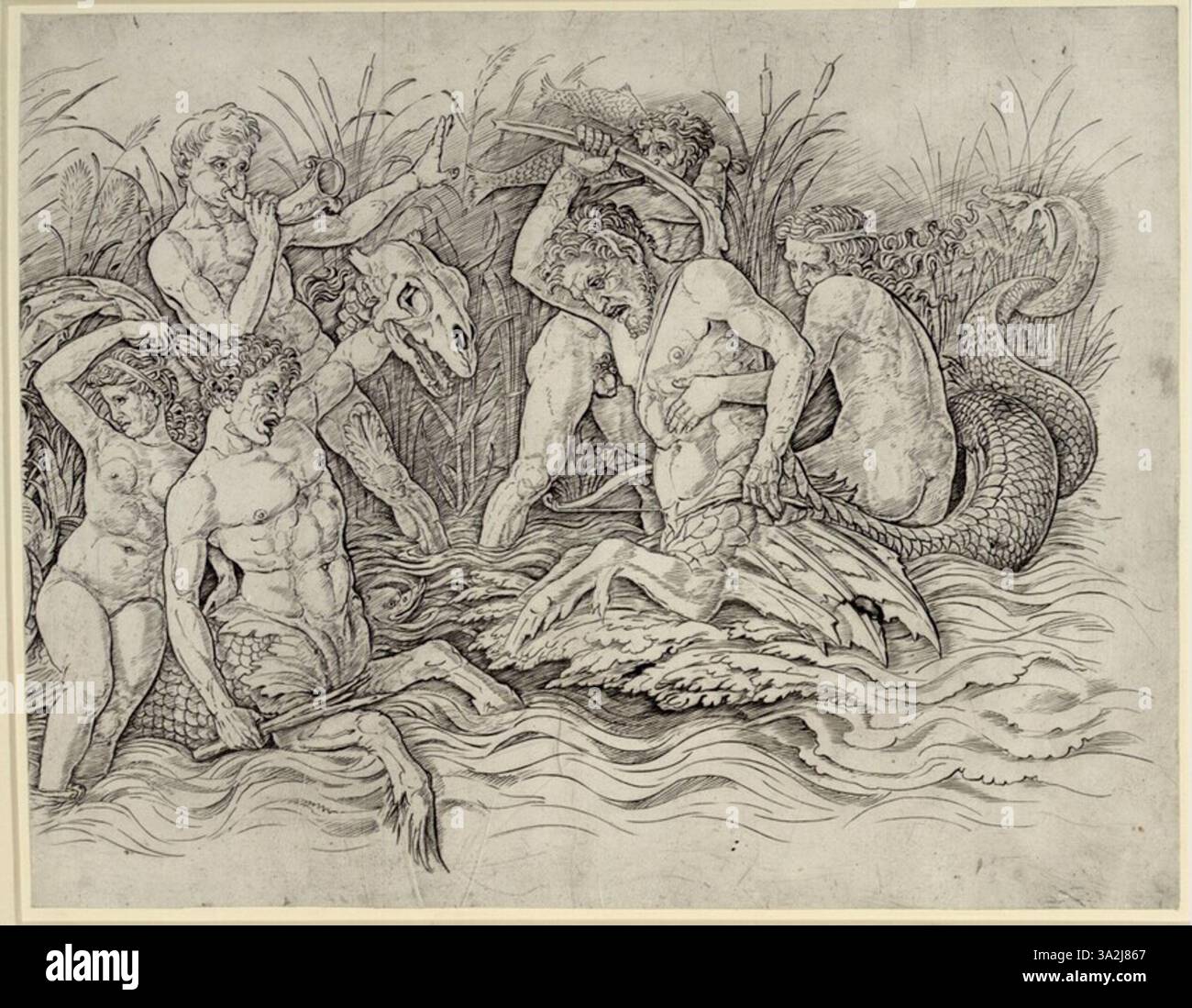 Mantegnas Arbeiten in der Albertina-Sammlung zeigen seine präzise Anwendung der linearen Perspektive und seine Beherrschung detaillierter Figurenkompositionen im Renaissance-Stil. Stockfoto