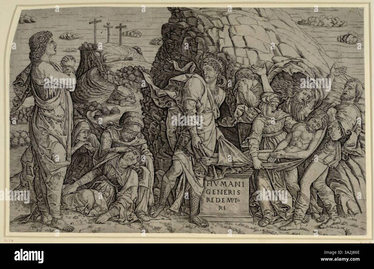 In diesem Werk von Zoan Andrea wird die Verwendung detaillierter Figuren und klassischer Einflüsse deutlich, die die typische Präzision der Renaissance-Kunst zeigen. Stockfoto