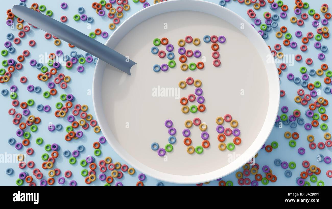 Ein 3D-Rendering des Satzes „GET A JOB“, der aus Getreidebuchstaben besteht, die in Milch in einer weißen Schüssel schweben. Es ist eine spielerische Einstellung gegenüber dem Stress, einen Job zu finden Stockfoto
