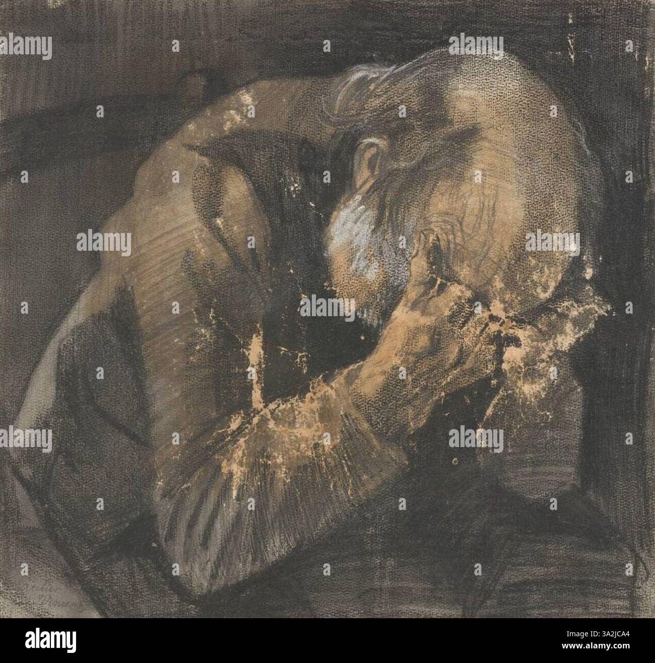 Vincent van Gogh stellt in diesem Aquarellbild einen älteren Mann in Trauer dar, der tiefe emotionale Ausdrücke einfängt. Entstanden zwischen November und Dezember 1882, ist es Teil der Sammlung des Kröller-Müller Museums. Stockfoto