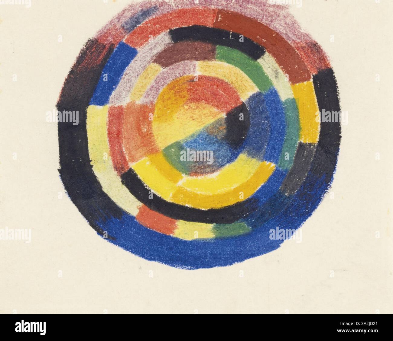 Der Farbenkreis von August Macke zeichnet sich durch eine lebendige, kreisförmige Farbanordnung aus. Das Gemälde erforscht die Farbtheorie und die emotionale Wirkung von Farbbeziehungen und zeigt Mackes Interesse an Abstraktion. Stockfoto