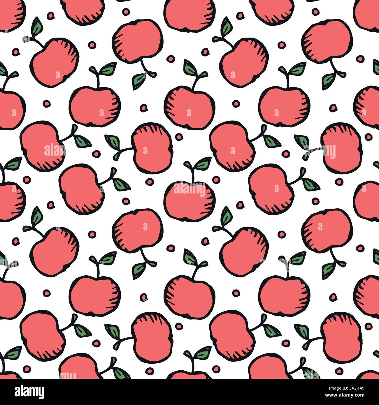 Nahtloses Apfelmuster. Farbiges nahtloses Doodle-Muster mit roten Äpfeln Stock Vektor
