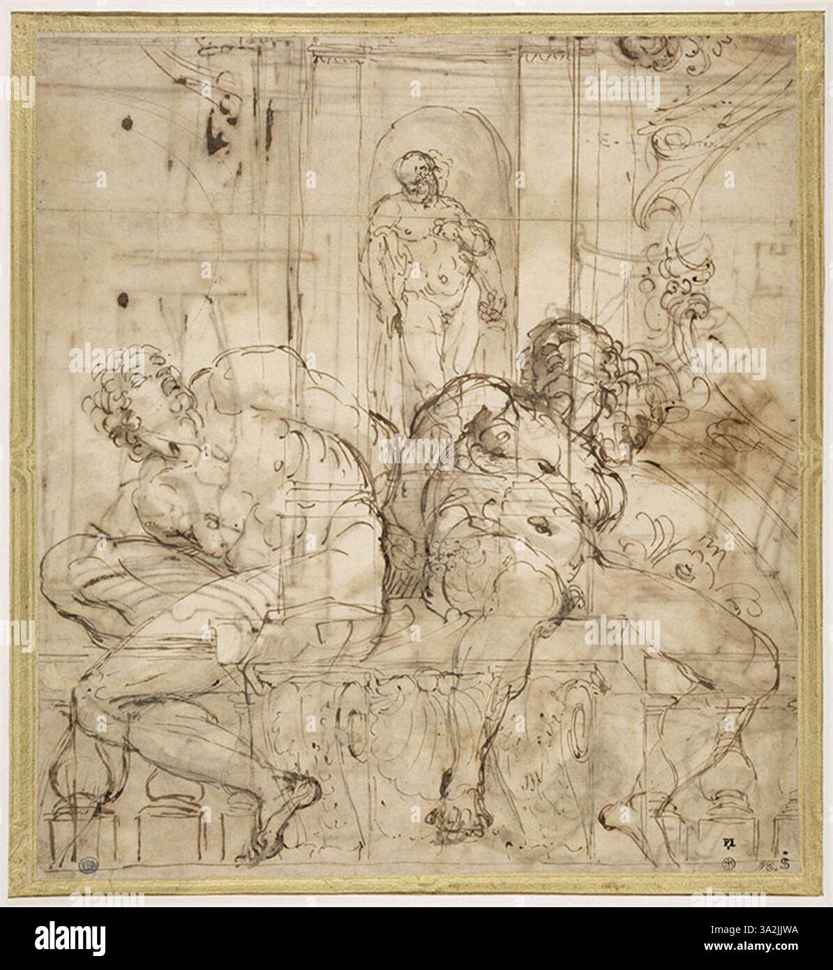 Diese Zeichnung von Carracci stellt zwei angekettete Sklaven unter der Statue des Herkules Farnese dar, die Stärke und Gefangenschaft symbolisieren. Die Arbeit spiegelt Carraccis Aufmerksamkeit für menschliche Figuren und das Zusammenspiel von Stärke und Verletzlichkeit wider. Stockfoto