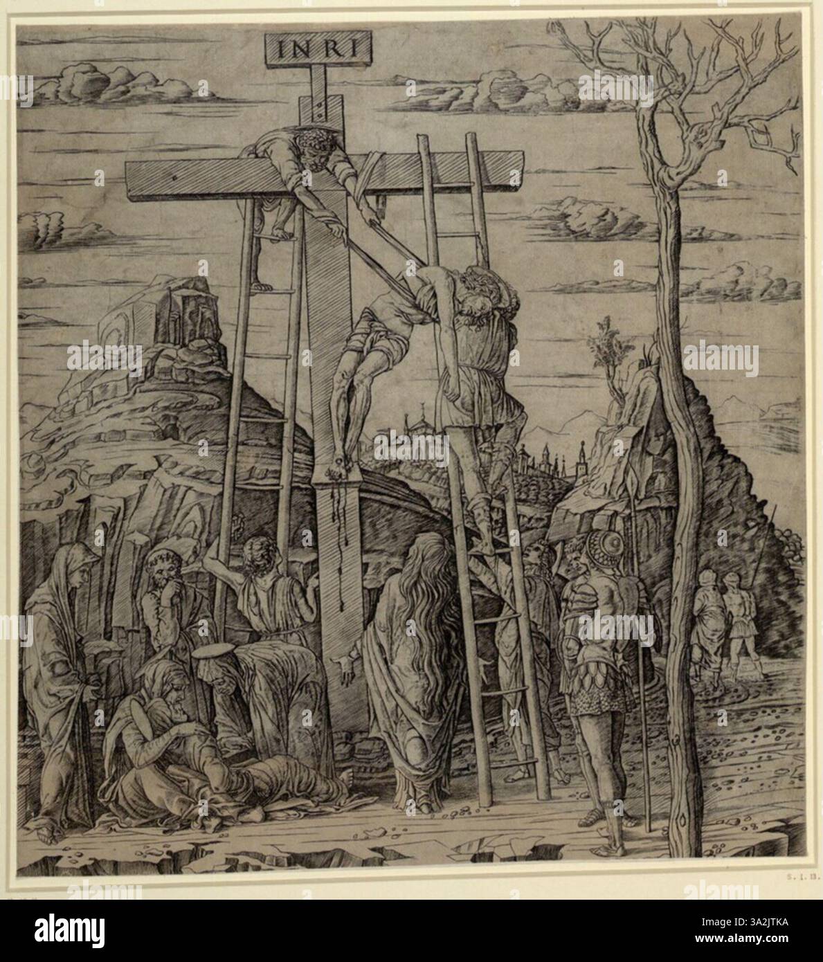 Dieses Stück aus der Sammlung nach beleuchtet Mantegnas Verwendung klassischer Ikonographie und präziser Figurenkomposition, um eine historische Erzählung mit dem Realismus der Renaissance zu schildern. Stockfoto