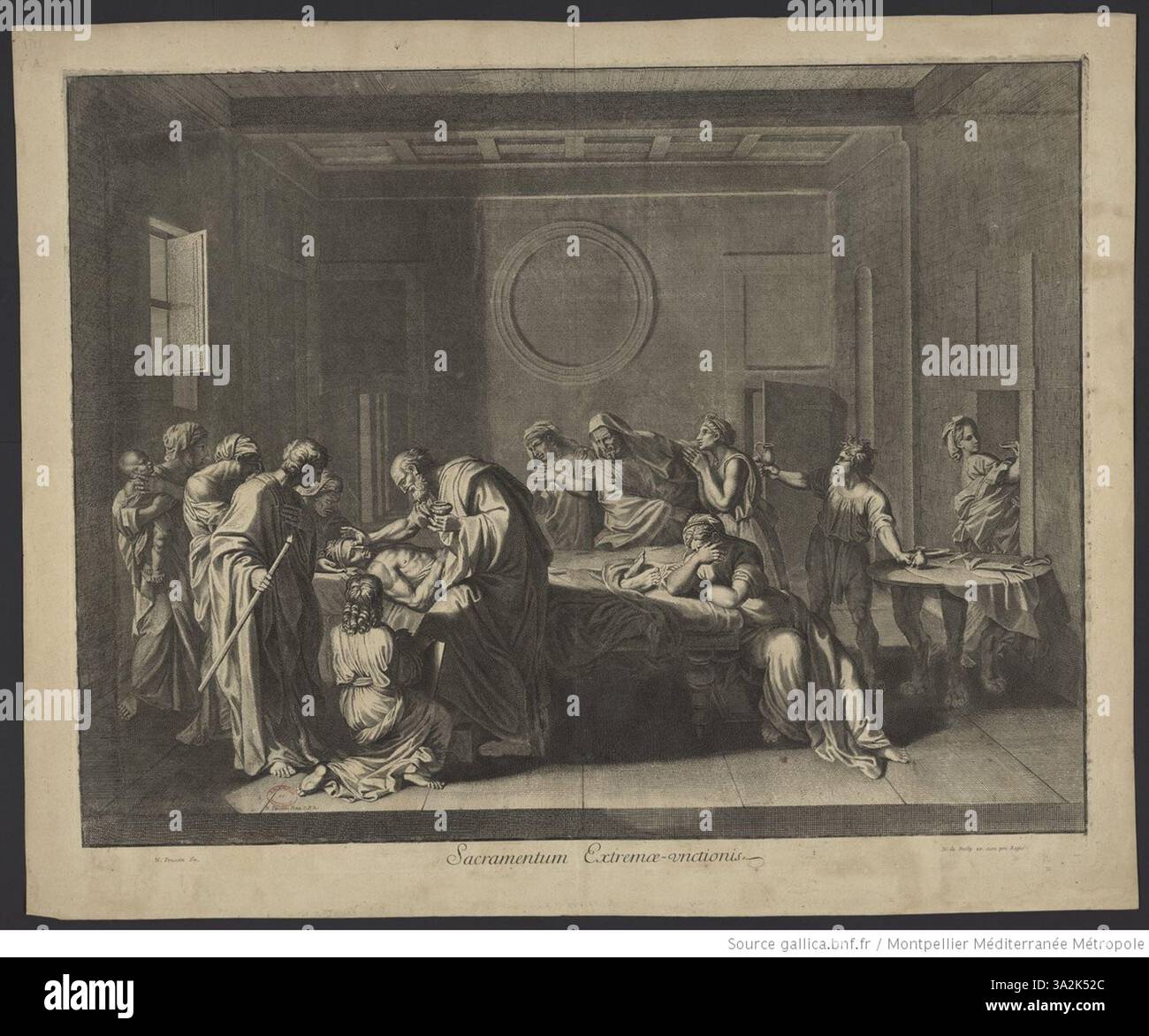 Dieser Gravur von Louis de Chatillon fängt das Sakrament der extremen Salbung ein und repräsentiert einen Moment des spirituellen Trostes während Krankheit oder Tod. Stockfoto