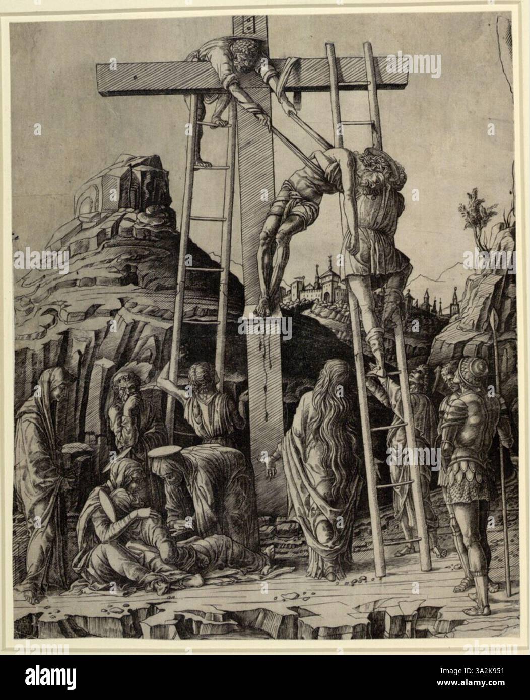 Dieses Stück aus Mantegnas Serie nach in der Albertina zeigt ein historisches Ereignis, das mit Präzision dargestellt wird, wobei Realismus der Renaissance und klassische Stilelemente verwendet werden. Stockfoto