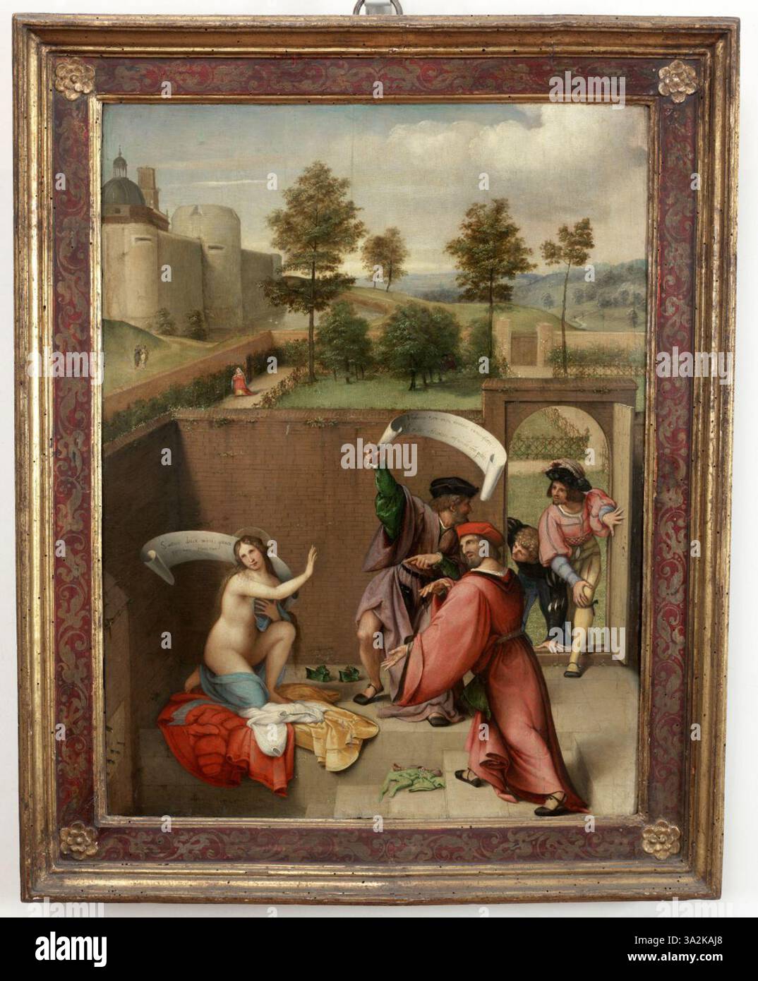 „Casta Susanna“ von Lorenzo Lotto zeigt eine biblische Geschichte von Susanna und den Ältesten. Das Gemälde fängt die emotionale Spannung der Erzählung ein, wobei Lottos geschickter Einsatz von Licht, Farbe und Detail eine lebendige Darstellung der Szene schafft. Stockfoto