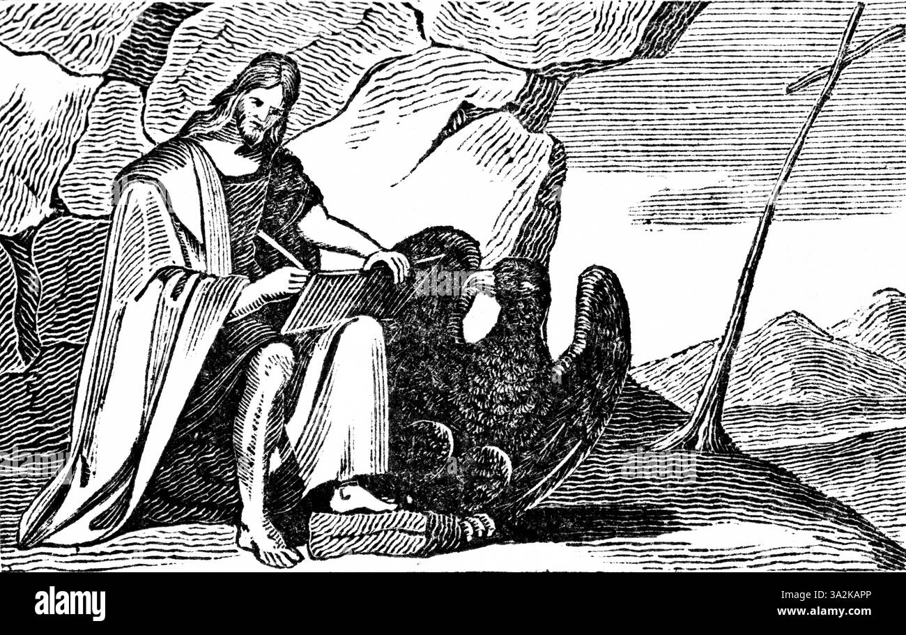 Der Evangelist Johannes schreibt das Buch der Offenbarung auf göttlichen Befehl, Apostel verkünden die frohe Nachricht von Jesus und seinem Königreich auf der ganzen Welt, sp Stockfoto
