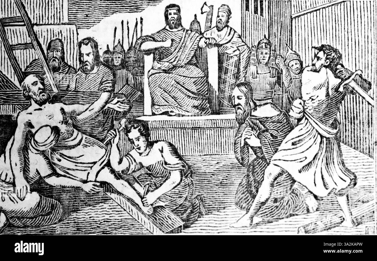 Paul wird enthauptet und Peter unter Kaiser Nero in Rom gekreuzigt, Holzschnitt, historische Illustration, Christoph Schmidts biblische Geschichte 1831 Stockfoto