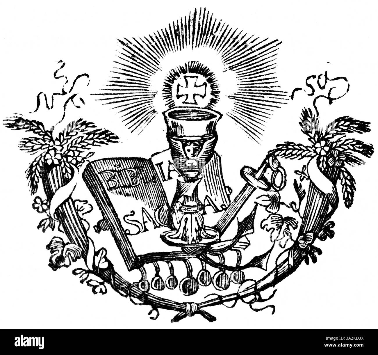 Die Biblia Sacra, die Heilige Schrift mit sieben Siegeln, Kelch, Schwert, Ähren, Blättern, Ornamentik, Apostel verkünden die gute Nachricht von Jes Stockfoto