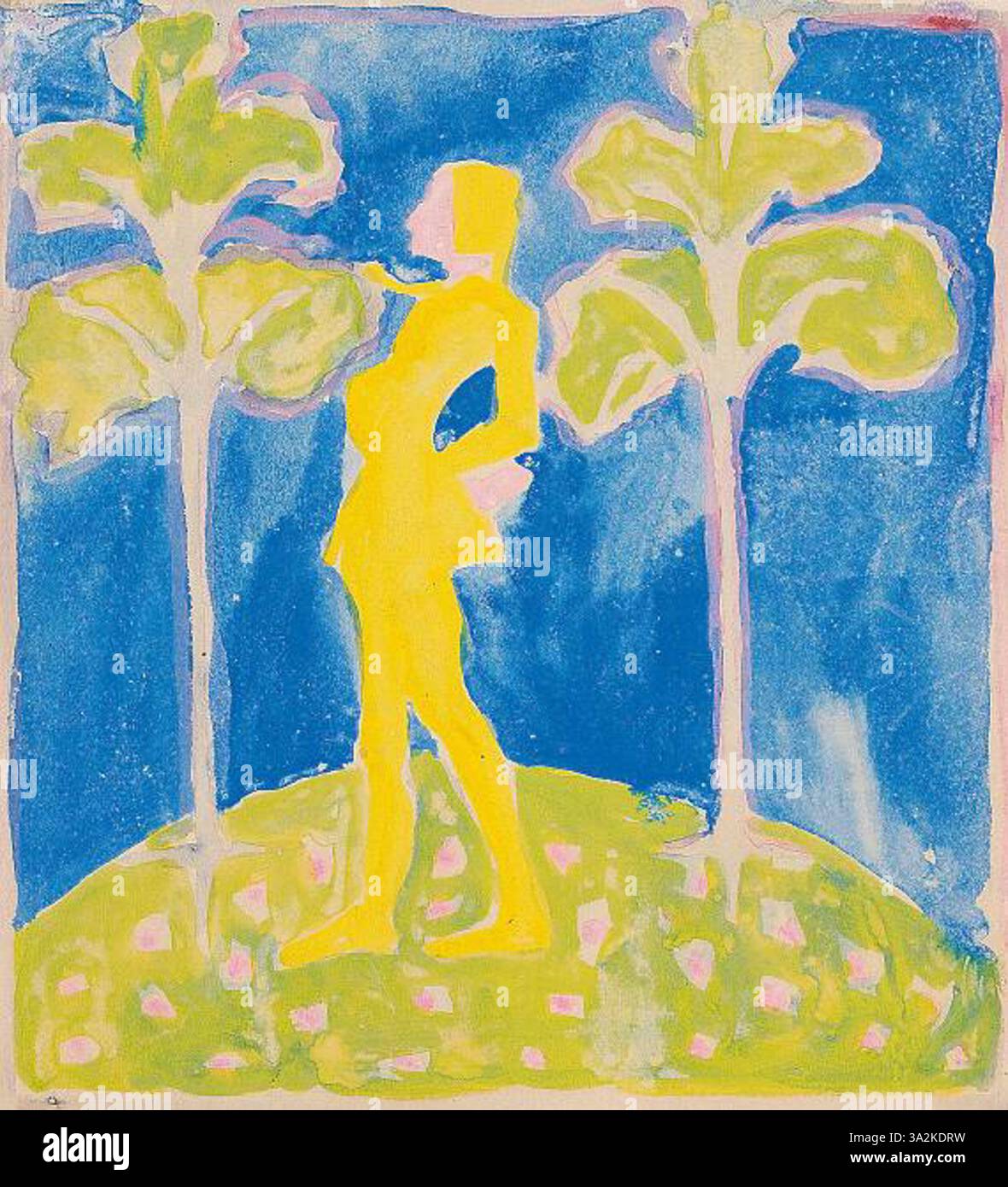 Malvolio von August Macke ist eine dramatische Interpretation des Shakespeare-Charakters. Das Gemälde verwendet kräftige Farben, um die emotionale Intensität des Charakters auszudrücken. Stockfoto