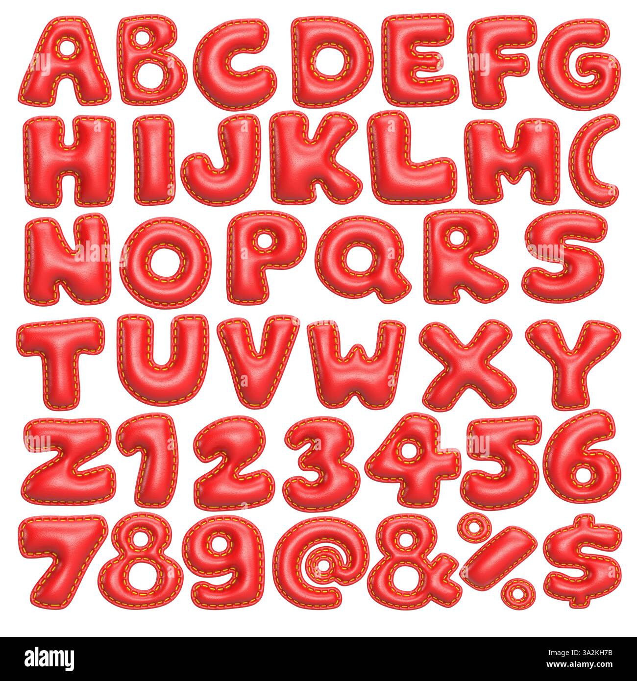 Set aus rotem, gepolstertem Großbuchstaben und Zahlen mit dekorativen Nähten auf weißem Hintergrund, 3D-Rendering-Schriftart für kreatives Design Stockfoto