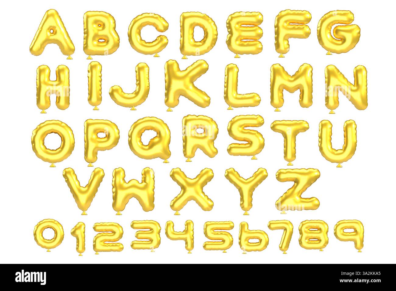 3D-Stilvektor des aufgeblähten metallischen Ballonalphabets glänzend gelb Gold und Zahlen auf weißem Hintergrund Stock Vektor