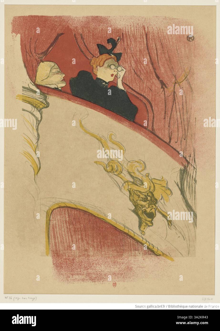 In „La Loge au Mascaron Doré“ sitzt eine Frau elegant in einer Theaterbox, eingerahmt von komplizierten goldenen Schnitzereien. Toulouse-Lautrec fängt die theatralische Atmosphäre ein und konzentriert sich auf die Details der opulenten Umgebung. Stockfoto