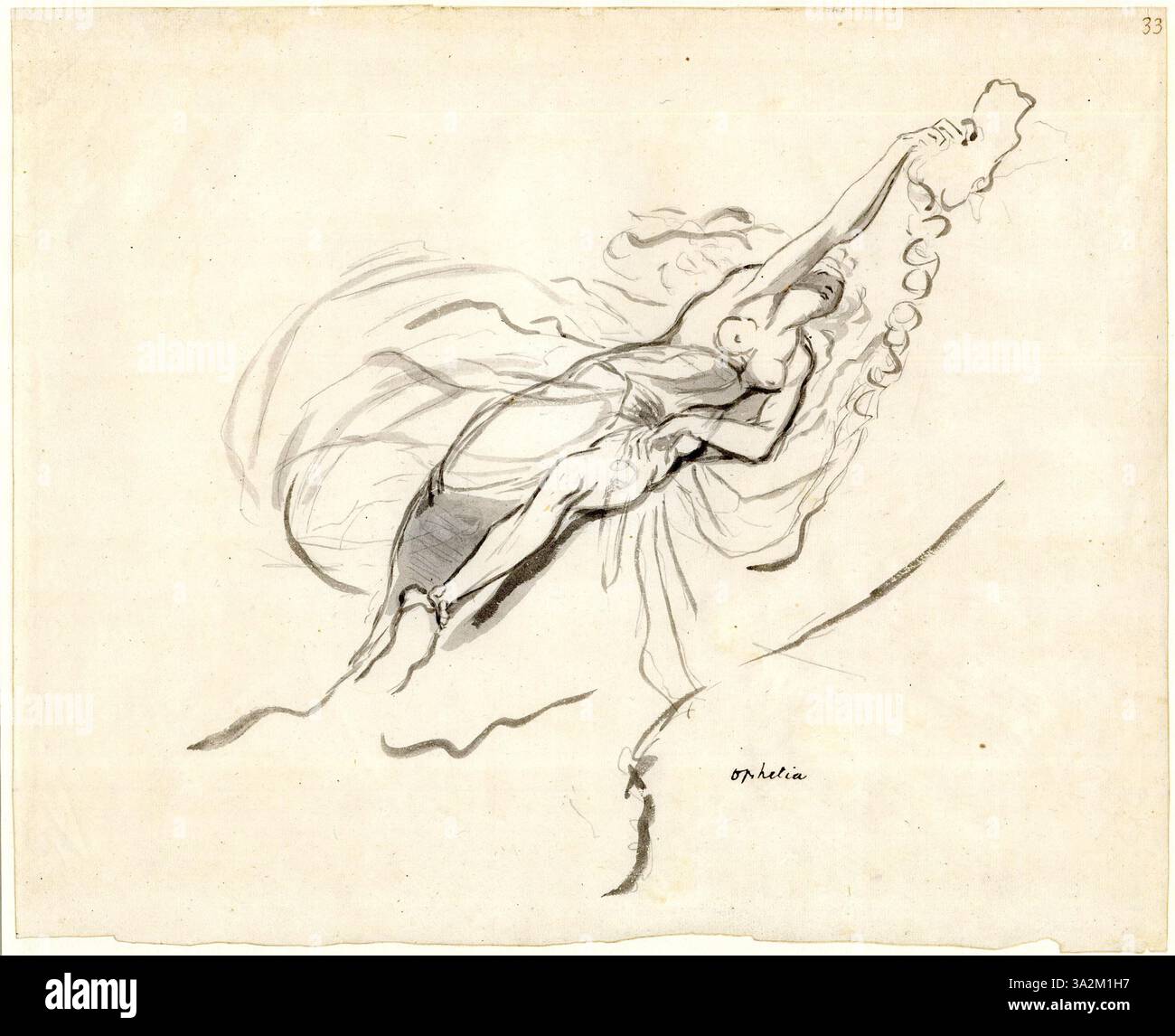 Diese Zeichnung stellt den tragischen Tod von Ophelia aus Shakespeares „Hamlet“ dar. Die Figur der Ophelia schwimmt im Wasser, umgeben von Blumen, und fängt den Moment ihres Todes ein. Fuseli verwendet dramatische Lichtverhältnisse und ausdrucksstarke Formen, um die Traurigkeit und Hoffnungslosigkeit der Szene zu betonen. Stockfoto