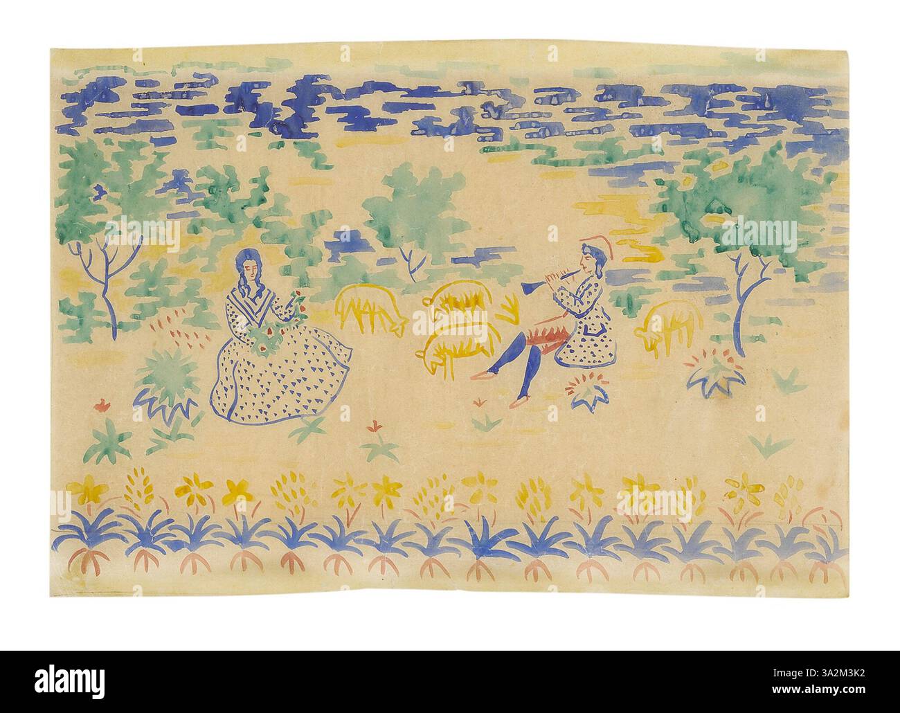 Dieses Gemälde zeigt eine ruhige Pastoralszene mit Hirten und Tieren in ländlicher Umgebung. Mackes Verwendung sanfter Farben und harmonischer Komposition fängt die Gelassenheit der Landschaft ein und zeigt seine Fähigkeit, Frieden durch natürliche Landschaften zu wecken. Stockfoto