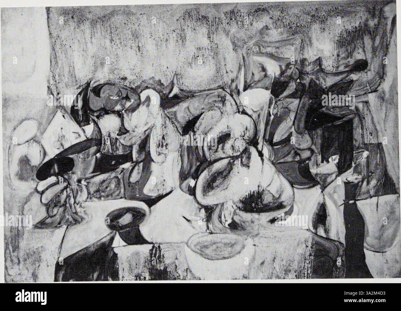 Dieses Gemälde von Arshile Gorky zeichnet sich durch dynamische, schwungvolle Pinselstriche und lebendige Farben aus. Die organischen Formen und die kühne Komposition wecken ein Gefühl von Bewegung und emotionaler Intensität. Stockfoto