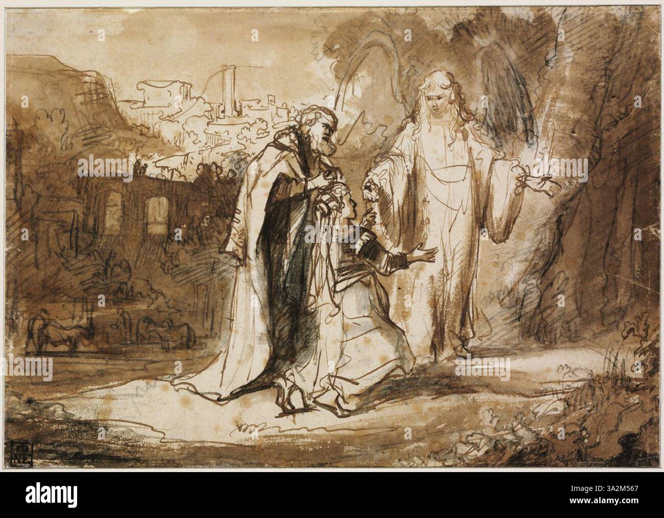 Diese Zeichnung von Ferdinand Bol zeigt den Engel, der Manoah und seiner Frau erscheint, mit komplizierten Details in Stift und Tinte. Stockfoto