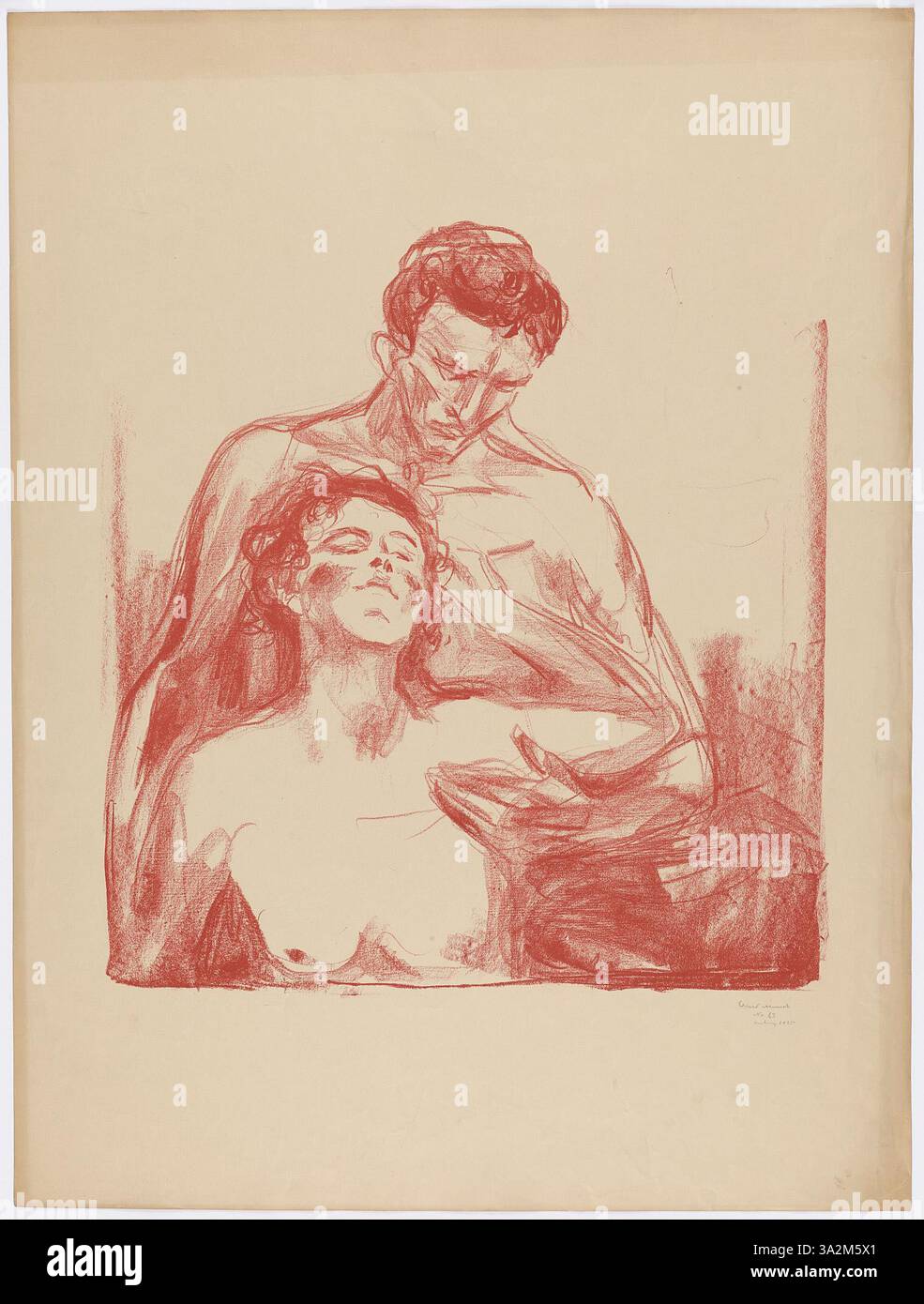 „Two People“ fängt die Isolation und emotionale Distanz zwischen zwei Figuren ein, die durch starre Körpersprache und eine gedämpfte Farbpalette vermittelt werden. Der minimale Hintergrund betont die emotionale Kälte und Entfremdung zwischen ihnen. Stockfoto
