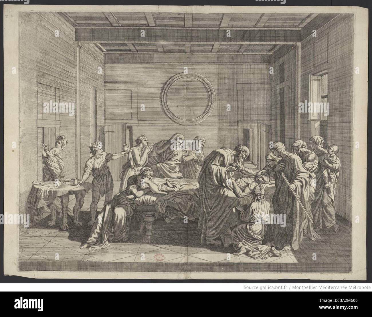 Jean Dughets Gemälde, das das Sakrament der Extreme Unction darstellt, ist ein düsteres und reflektierendes Stück, das einen Moment des spirituellen Übergangs in klassischem Stil einfängt. Stockfoto