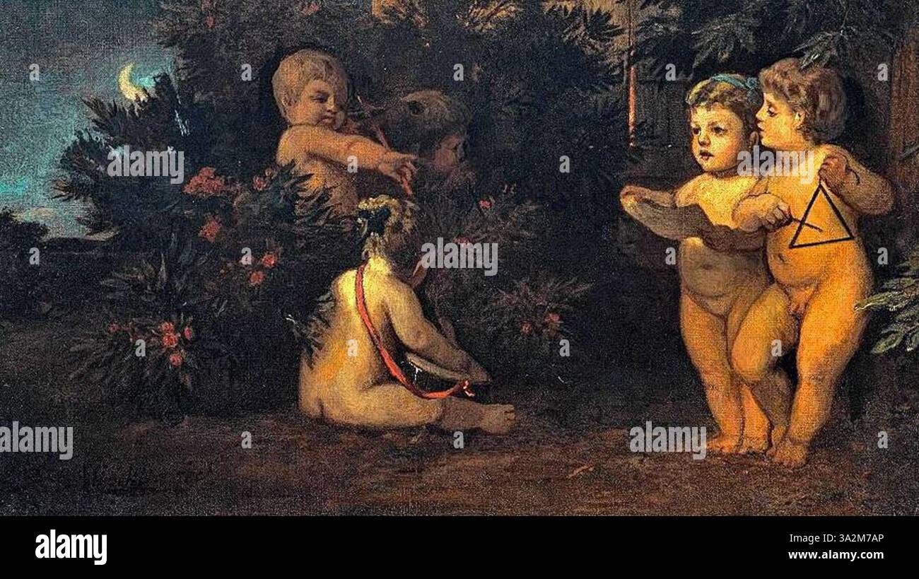 „Kinderständchen“ von Arnold Böcklin (1857/58) stellt Kinder dar, die sich einer spielerischen Tätigkeit widmen und das Thema der Unschuld mit sanften Pinselstrichen und lebendigen Details unterstreichen. Stockfoto