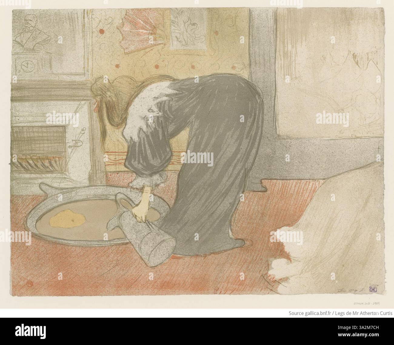 Diese Lithografie von Toulouse-Lautrec zeigt eine Frau im Bad, die sich auf die Verletzlichkeit und Anmut ihrer Figur konzentriert. Die zarte Darstellung nutzt Licht und Schatten, um die Weichheit des Augenblicks zu verstärken und die friedliche Einsamkeit der Szene einzufangen. Stockfoto