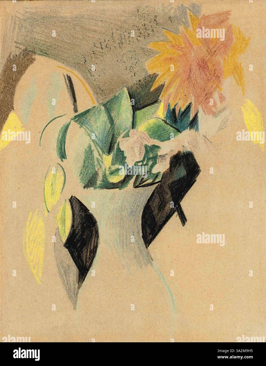 Blumen in weisser Vase II von August Macke zeigt einen Blumenstrauß in einer weißen Vase. Das Werk spiegelt Mackes lebendige Farbpalette und sein ausgeprägtes Kompositionsgefühl wider. Stockfoto