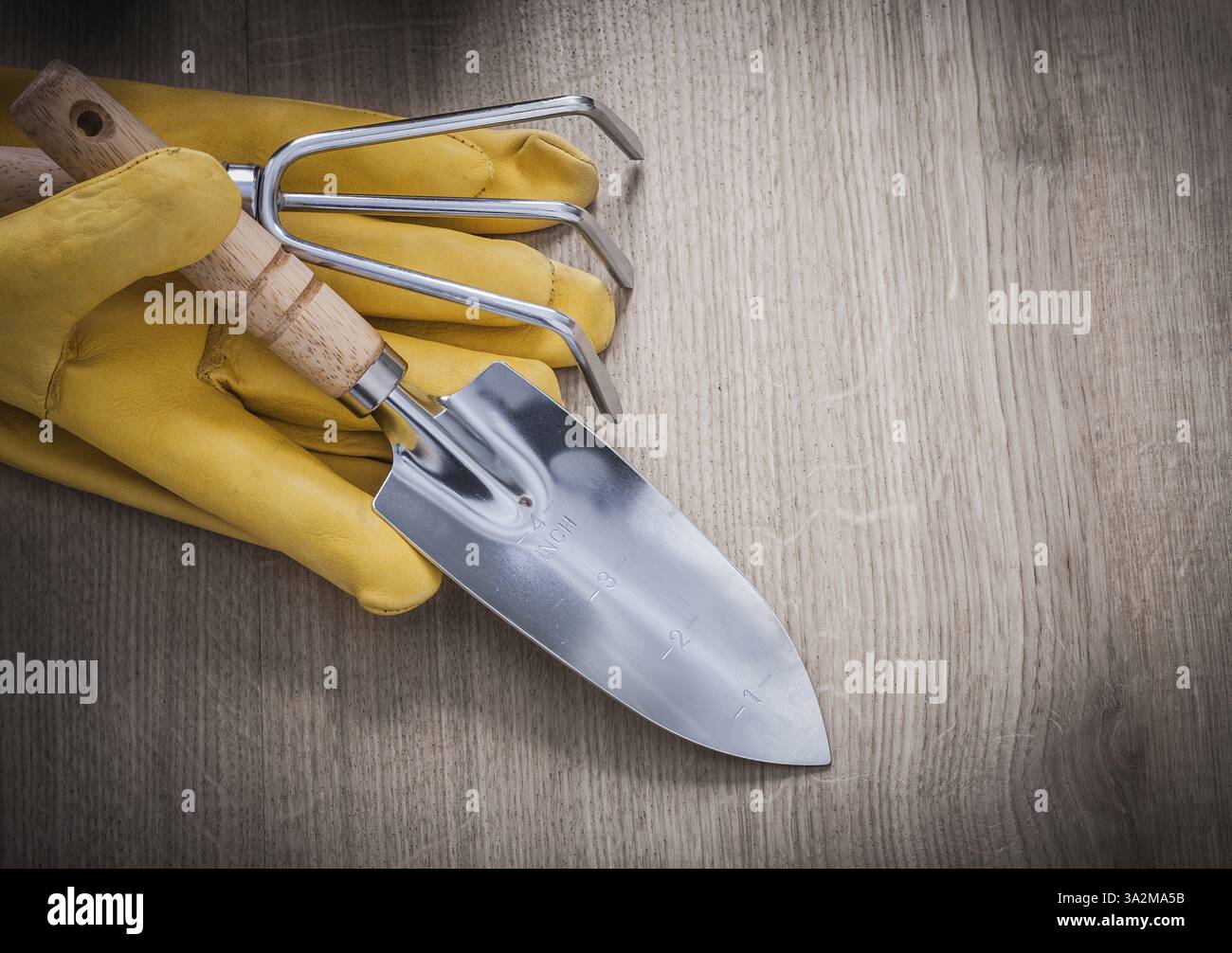 Edelstahl Handkelle Rechen gelbe Leder Arbeitshandschuhe auf Holzbrett Landwirtschaft Konzept Stockfoto