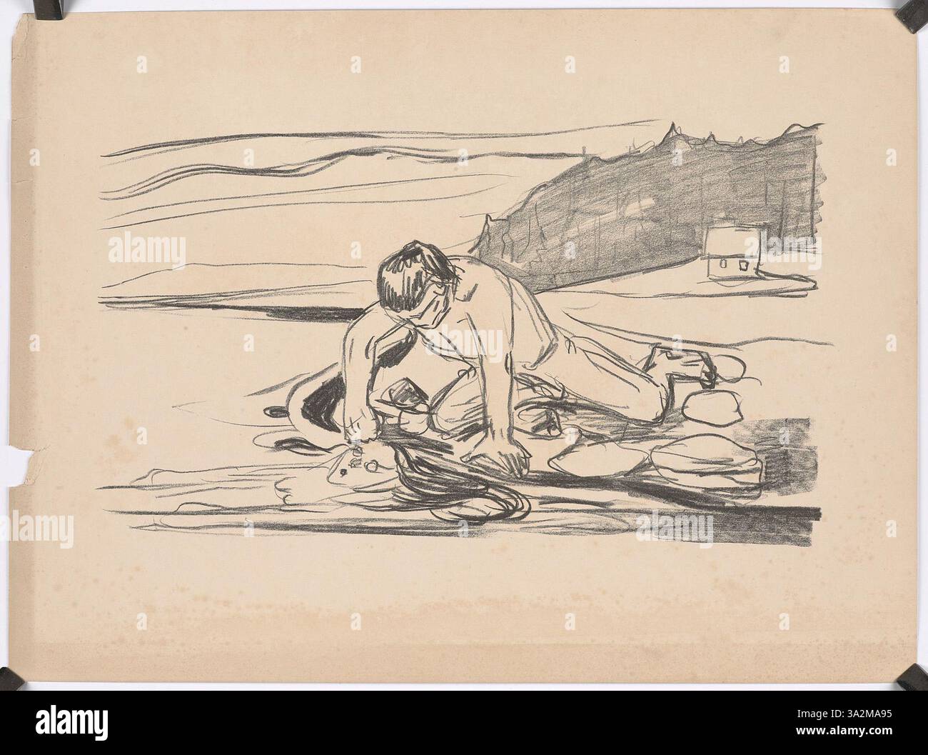 Edvard Munchs „Omegas Tod“ vermittelt ein tiefgreifendes Gefühl des Verlustes, wobei die Figur die Isolation verkörpert, die oft mit dem Tod verbunden ist. Die zurückhaltende Farbpalette trägt zur düsteren Stimmung bei und betont die Einsamkeit und Endlichkeit, die dem Thema Tod innewohnt. Stockfoto