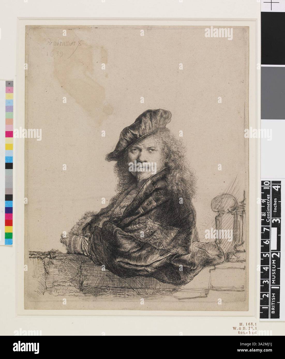 Diese Ätzung von Rembrandt zeigt ein Motiv, das durch scharfe Kontraste von Licht und Schatten definiert ist und die emotionale Tiefe durch den Ausdruck der Figur reflektiert. Stockfoto