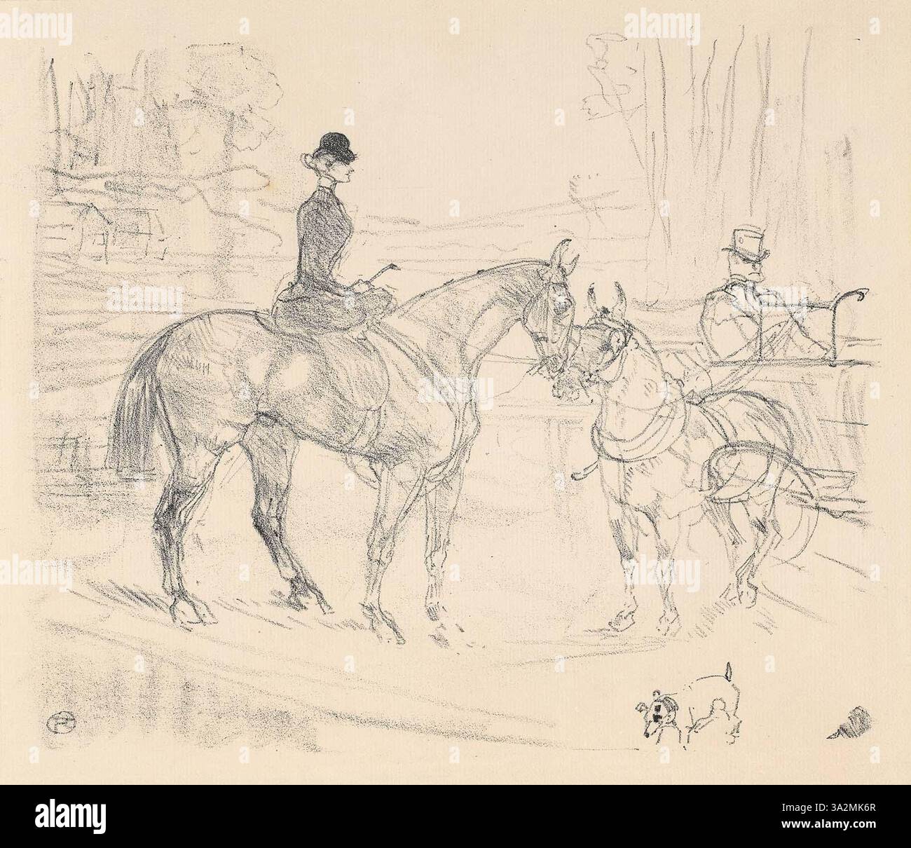 Dieses Stück von Toulouse-Lautrec zeigt eine lebendige Szene mit einer Amazonasfigur und einem Fass. Die energiegeladene Komposition und die lebendigen Farben betonen Bewegung und Verspieltheit des Kunstwerks. Stockfoto