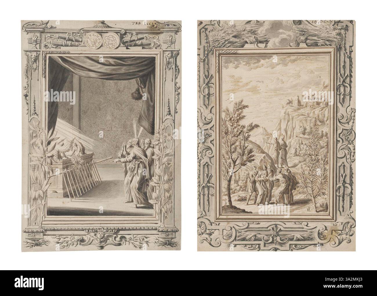 Dieses Werk von Henry Fuseli stellt Aaron mit der Bundeslade dar und veranschaulicht eine wichtige Szene des Alten Testaments. Die dramatische Komposition und die sorgfältige Aufmerksamkeit für die religiöse Ikonographie spiegeln Fuselis Geschick in der biblischen Erzählmalerei wider. Stockfoto