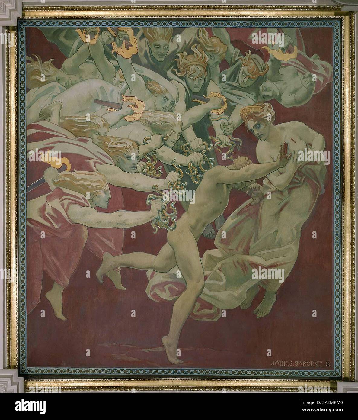 *Orestes*, ein Wandgemälde von John Singer Sargent, zeigt den tragischen griechischen Mythos von Orestes. Die Szene ist voller dramatischer Energie und fängt Orestes' emotionale Aufruhr und die Intensität klassischer Tragödien ein. Stockfoto