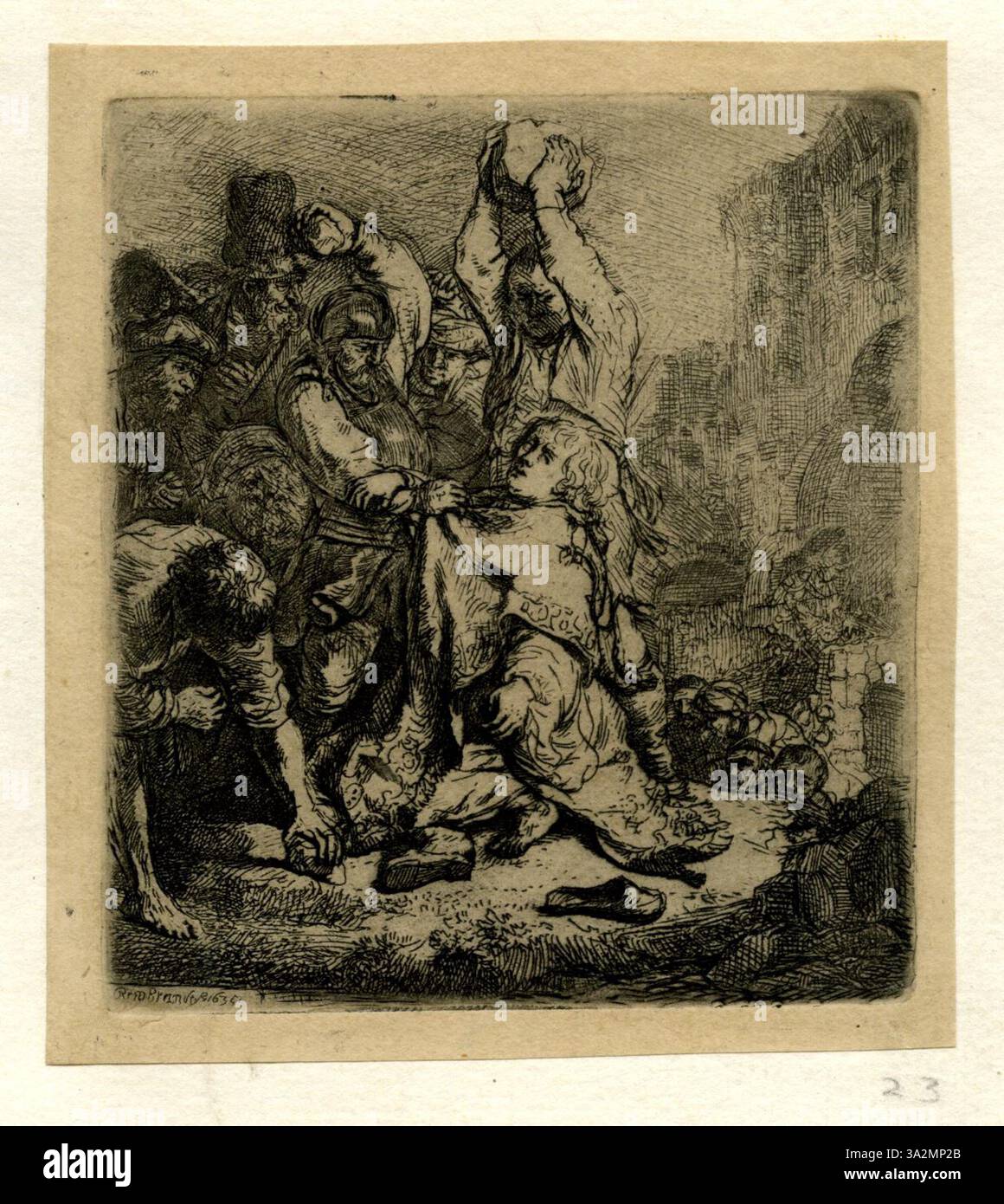 In dieser Ätzung von 1941 verwendet Rembrandt feine Linework, um eine starke emotionale Präsenz hervorzurufen. Die Figur wird durch dramatisches Licht und Schatten definiert, was seine bemerkenswerte Kunst in Form und Textur unterstreicht. Stockfoto