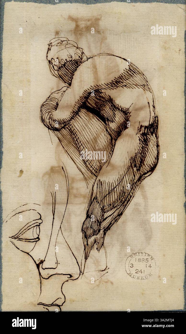 Diese Verso-Zeichnung ist eine Kopie von Raphaels berühmter „Schule von Athen“. Fuseli fängt die komplizierten Figuren und die dynamische Komposition des ursprünglichen Freskos ein und spiegelt seine Bewunderung für die klassische Kunst und die Meisterschaft des Raffael wider. Stockfoto