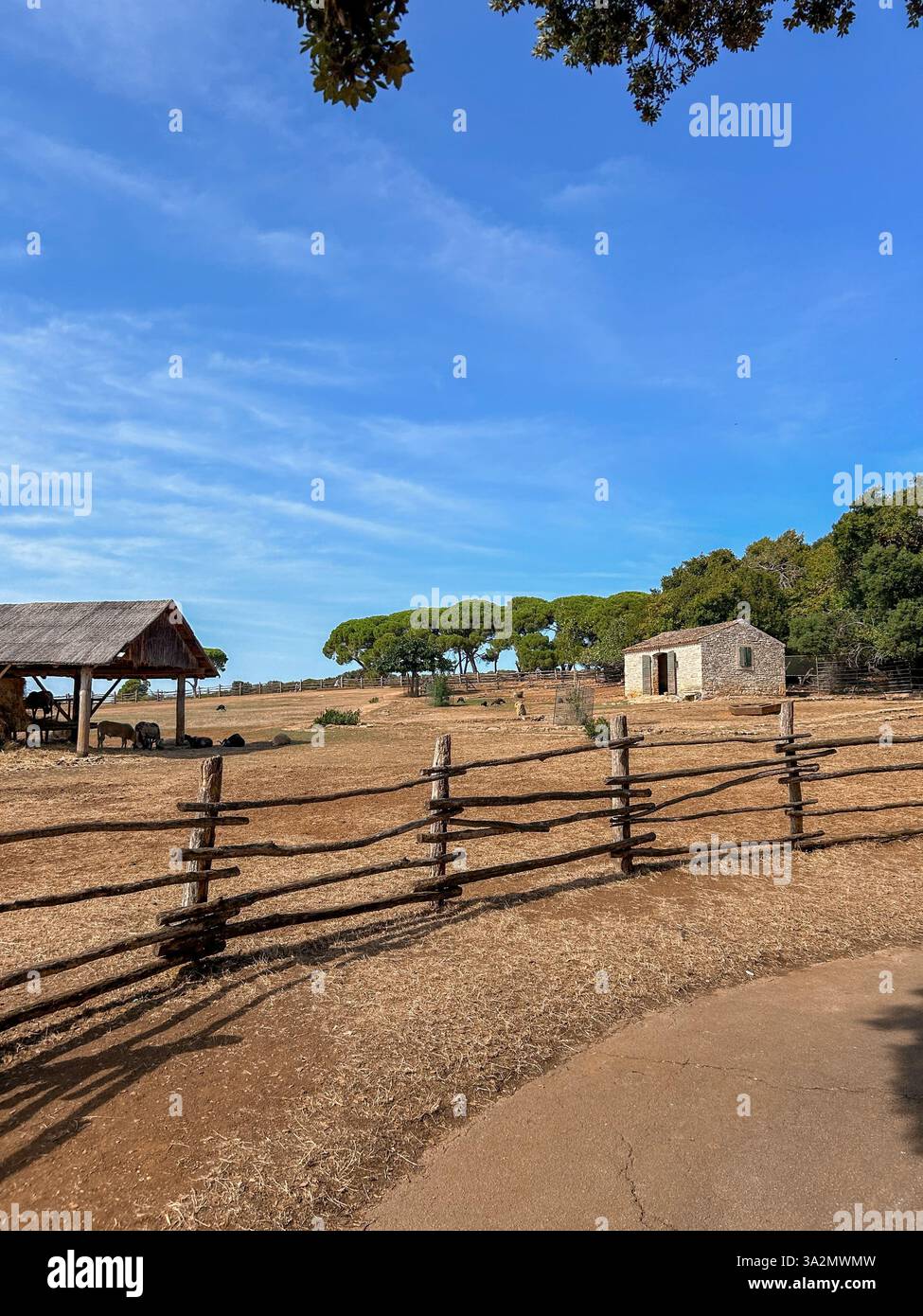 Eine wunderschöne mediterrane Landschaft mit einem alten Haus, einem hölzernen Tierheim und einem rustikalen Holzzaun. Eine perfekte Mischung aus Natur und Tradition. - Smartphone-aufgenommenes Stockfoto